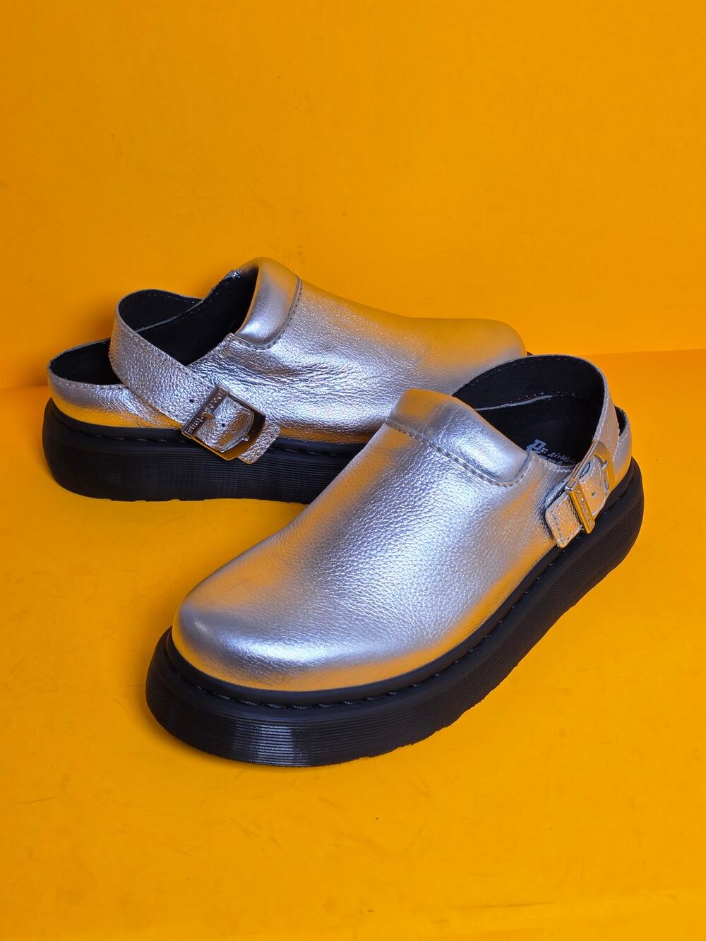 Dr Martens Laketen Silver Metallic Leather Slingback Platform Mules sz 11/12 New